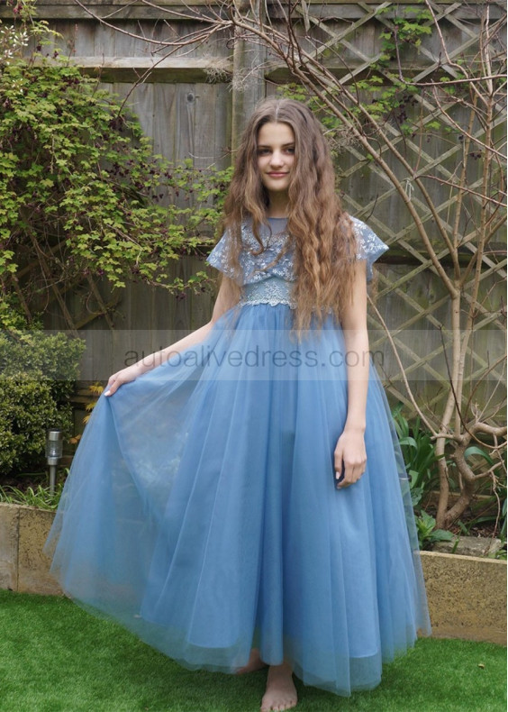 Blue Lace Tulle Beaded Flower Girl Dress